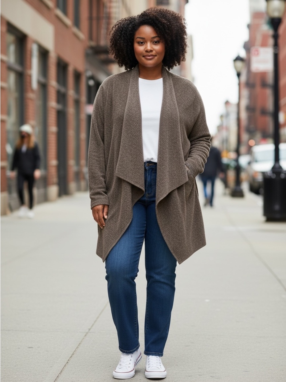 Barefoot Dreams Draped Open-Front Cardigan in Taupe Brown SIZE L/XL